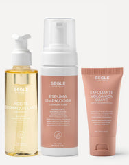 Aceite demasquillante, espuma limpiadora y mascarilla exfoliante mecánica volcánica
