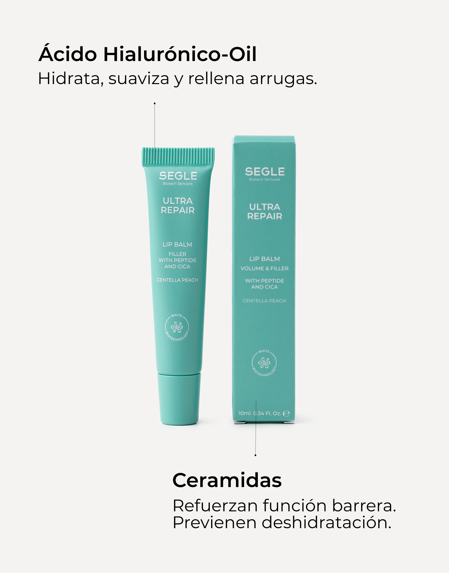 Infografía con ingredientes y beneficios con imagen del labial y su envase sin color