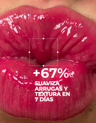Primer plano de labios jugosos con porcentaje de beneficios del labial