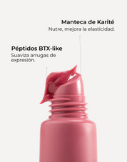 Infografía con ingredientes y beneficios con imagen del labial con textura color rosa empolvado