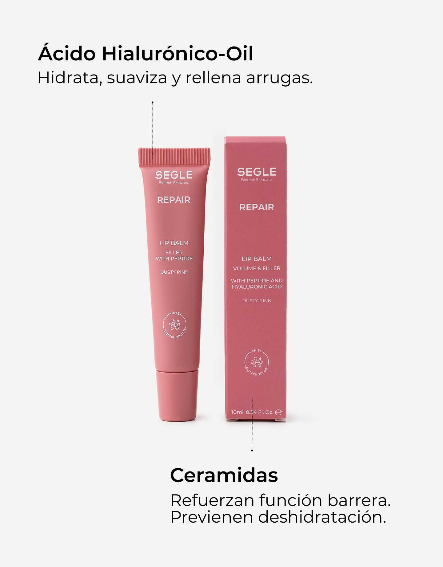 Infografía con ingredientes y beneficios con imagen del labial y su envase color rosa empolvado