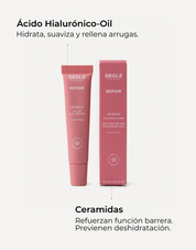 Infografía con ingredientes y beneficios con imagen del labial y su envase color rosa empolvado
