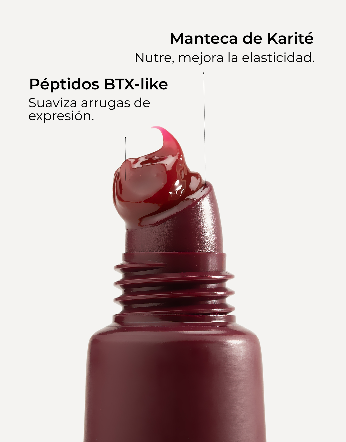 Infografía con ingredientes y beneficios con imagen del labial con textura color burdeos