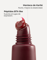 Infografía con ingredientes y beneficios con imagen del labial con textura color burdeos