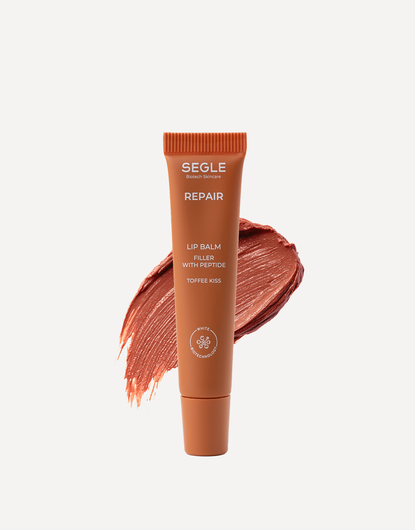 Envase labial 10ml de color caramelo con textura detrás sobre fondo blanco